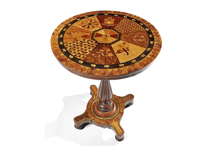 JAMAICAN MARQUETRY AND PARQUETRY OCCASIONAL TABLE, ATTRIBUTED TO THE WORKSHOP OF RALPH TURNBULL